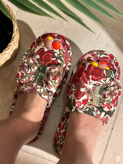 Red floral slippers