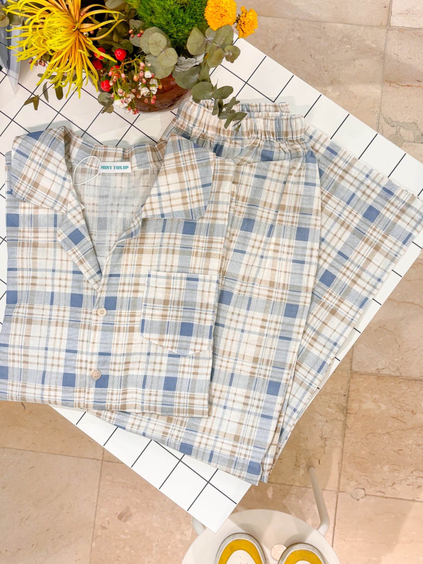 30% SALE!!  Linen Checkered Nightwear/Pajama Set