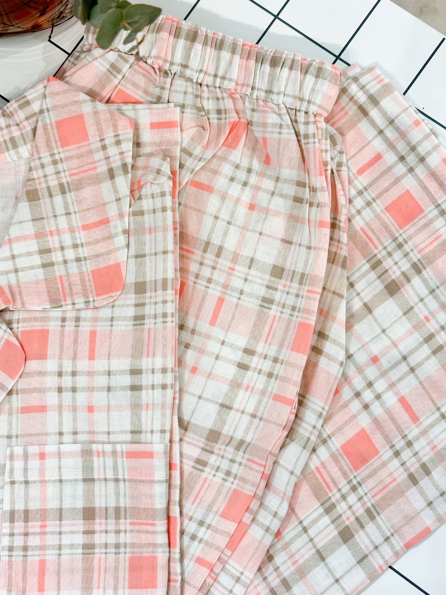 30% SALE!!  Linen Checkered Nightwear/Pajama Set